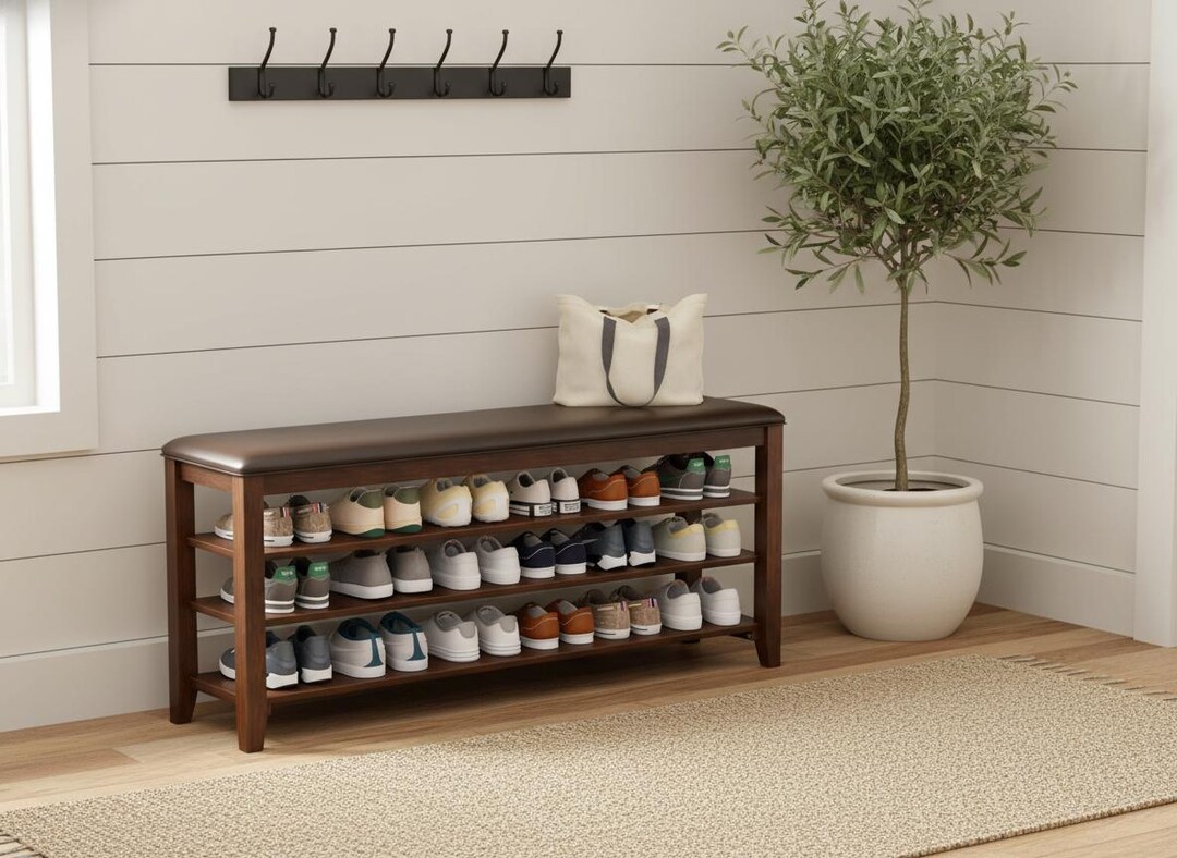Entry Table Shoe Rack Rubberwood Shoe Rack Bench – Leather Cushion Entryway Organizer - Etsy