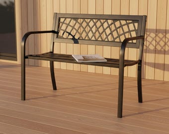 Outdoor Bench 46 Inch Metal Garden Bench Patio Seating Park Bench with Backrest Armrests, Heavy Duty 480lbs Bench, Modern Grid Pattern