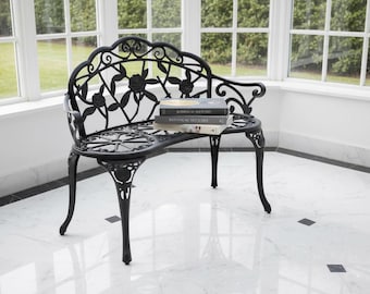 Metal Garden Bench, Antique Bronze Floral Pattern, Heavy Duty Outdoor Seating
