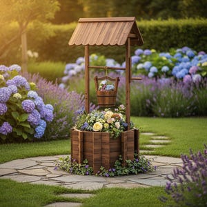 May include: A wooden wishing well with a scalloped roof, filled with colorful flowers. The well is surrounded by lush greenery, including hydrangeas and lavender, set on a stone path in a garden.