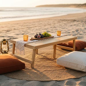 May include: A beach picnic setup with a low wooden table, a woven rug, and pillows. The table holds figs, grapes, and orange glasses. A lantern and pillows in shades of brown and white complete the scene.