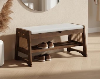 Shoe Rack Bench with Storage, Solid Wood Entryway Shoe Organizer with Cushion, Flip-Top Shoe Shelf Cabinet for Front Door, Hallway & Bedroom