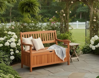 Outdoor Storage Bench Wooden Deck Box, Eucalyptus Garden Bench with Storage 42”, Patio Porch Loveseat, Farmhouse Table, Backyard Furniture
