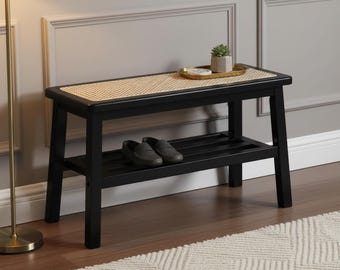 Shoe Rack Bench Entryway, Rattan Storage Bench with Shelf, Small Wooden Shoe Organizer, Farmhouse Cane Bench, Natural or Black Wood