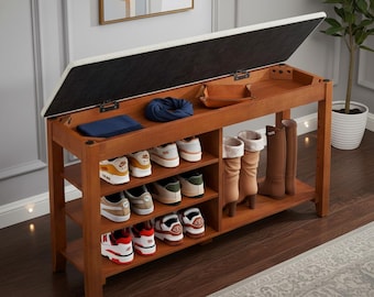 Shoe Rack Bench with Cushion, Wooden Entryway Shoe Storage Bench, Flip Top Storage, Adjustable Shelf Organizer, Small Space Shoe Cabinet