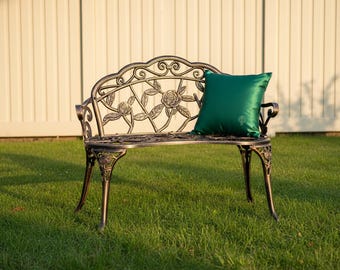 Outdoor Metal Garden Bench 38.5". Antique Cast Iron Patio Bench, 2 Person Porch Chair, Backyard Lawn Deck Seating, Weather Resistant Bench