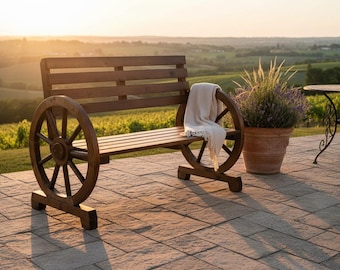 Outdoor  Bench, Rustic Wagon Wheel Outdoor Bench, Carbonized Fir Wood Patio Porch Backyard Seating for 2, Farmhouse Style