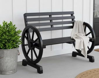 Outdoor Bench Rustic Wooden Wagon Wheel Bench, 41” Garden & Patio Bench, 2-Person Wood Bench for Porch, Backyard and Yard, 350lb Capacity