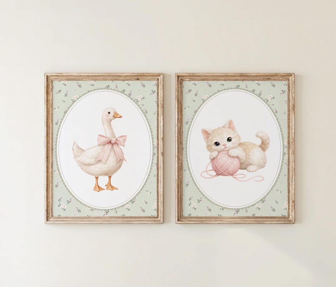 Silly Goose and Kitten Nursery Wall Art Set, Vintage Animal Printable ...