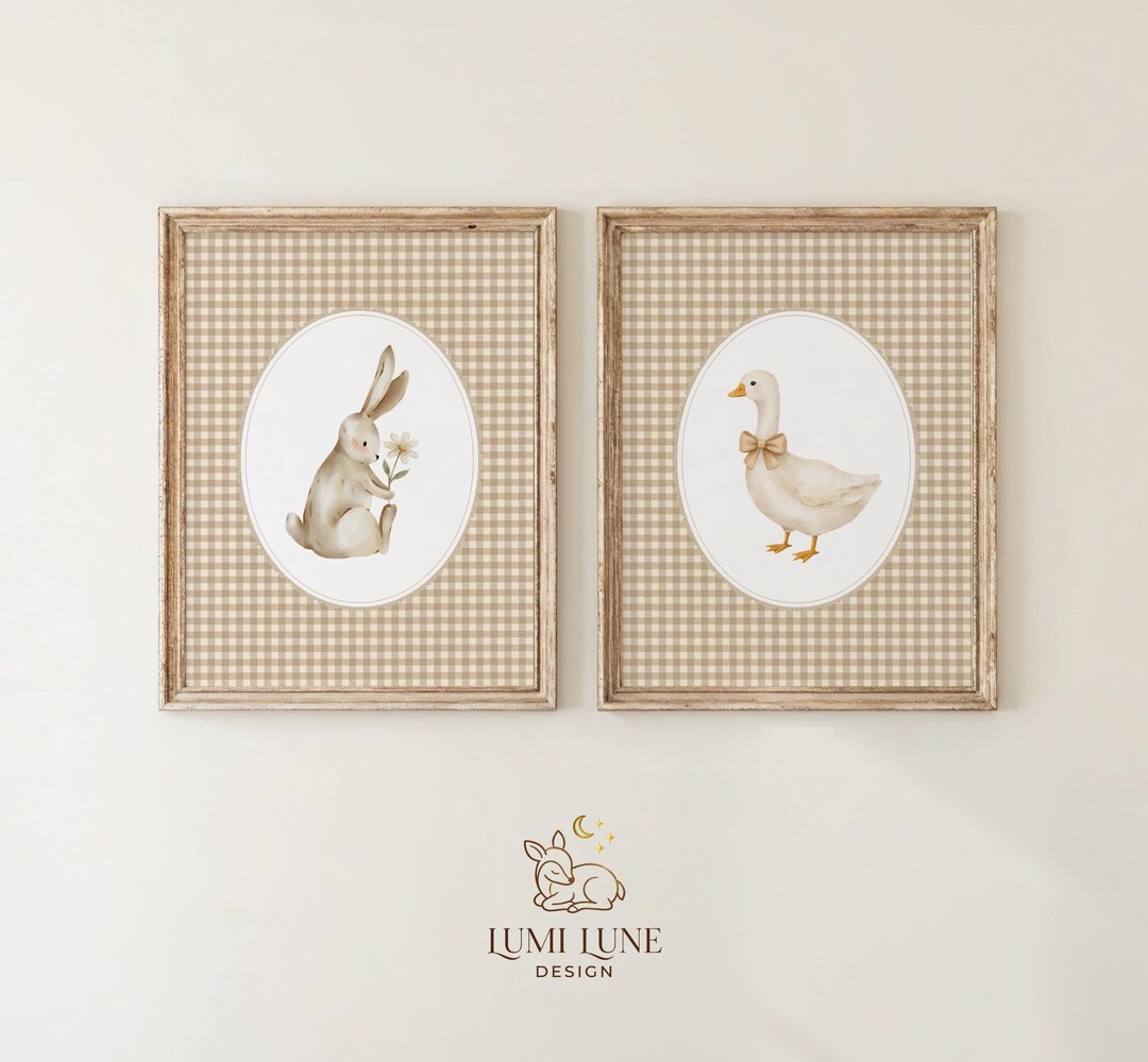 Vintage Bunny and Goose Nursery Wall Art Set, Neutral Baby Room Decor ...