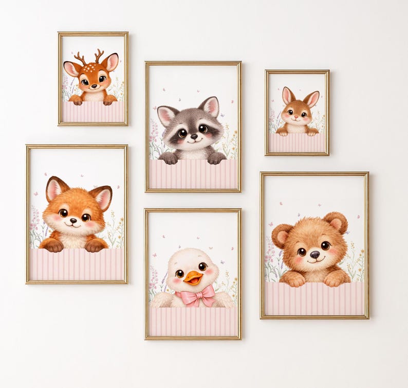 Woodland Nursery Wall Art Set of 6, Baby Girl Nursery Decor, Forest ...