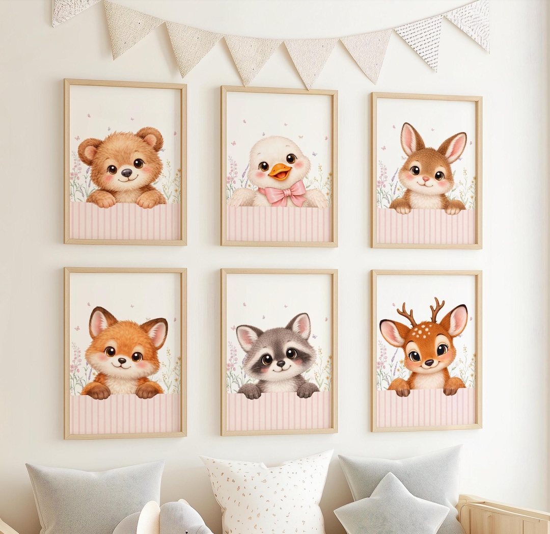 Woodland Nursery Wall Art Set of 6, Baby Girl Nursery Decor, Forest ...