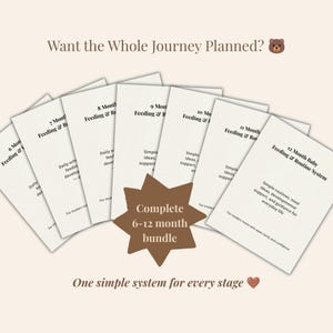 Puede incluir: Un conjunto de siete tarjetas informativas blancas tituladas 6 Month through 12 Month Feeding & Routine System, dispuestas en abanico. Un gráfico marrón en forma de estrella en el centro dice Complete 6-12 month bundle. El texto incluye Want the Whole Journey Planned? y One simple system for every stage.