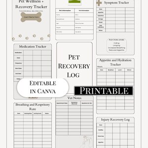 May include: A printable pet recovery log with sections for pet information, symptom tracking, medication, and injury recovery. The journal includes the text "Editable in Canva" and "Printable."