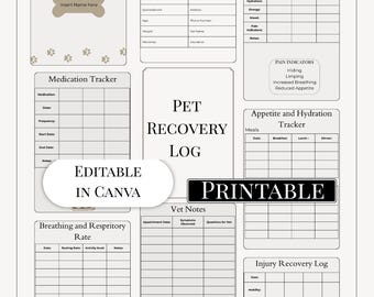 Pet Recovery Tracker Printable Dog and Cat Post-Surgery Care Log Medication, Symptoms and Progress Chart
