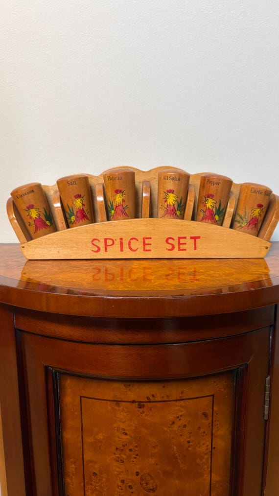 Vintage Wooden Rooster Spice Set, Mid-century kitchen decor, circa 1950s-1960s
