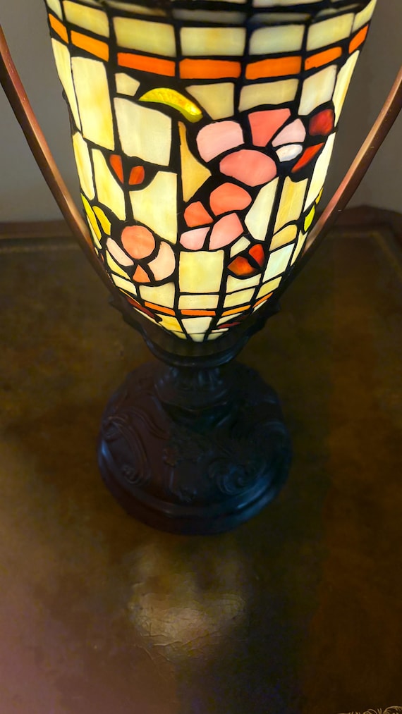 Art Nouveau Style Stained Glass Urn Lamp Figural Handles Swan Finial Statement Lighting