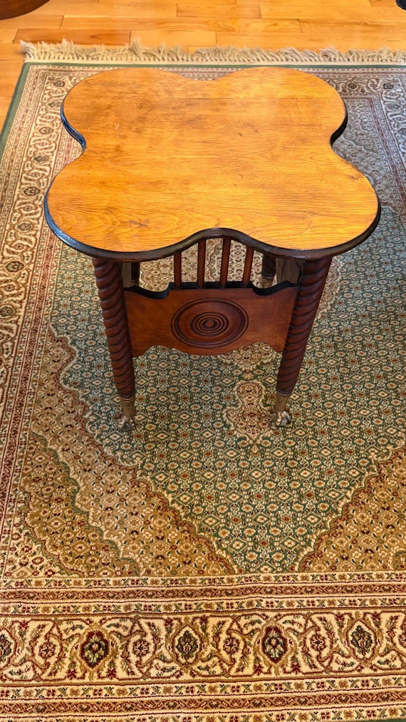 Antique Cloverleaf Top Lamp Table with Barley Twist Legs, Claw Feet and Carved Medallions