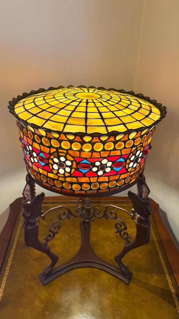 Art Deco Style Stained Glass Lamp Winged Maiden Figural Base Statement Lighting