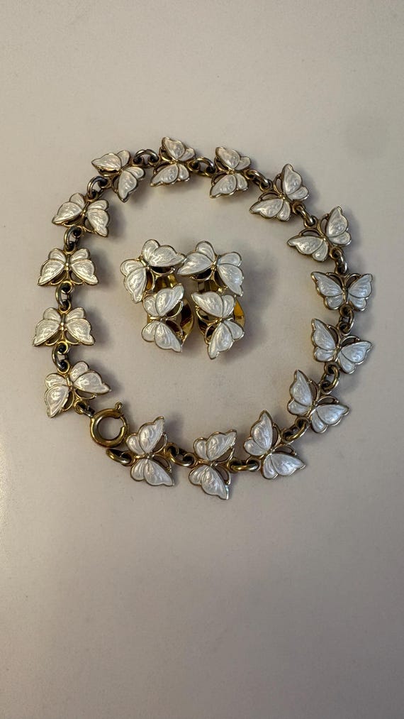 Vintage Volmer Bahner Denmark Sterling Silver White Guilloche Enamel Butterfly Jewelry Set