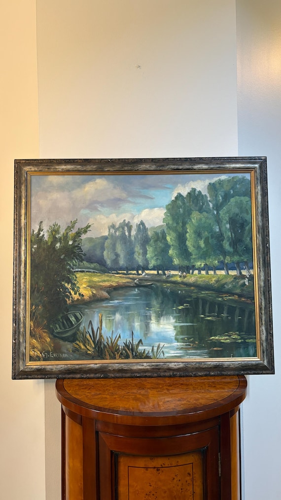 Vintage European River Landscape Oil Painting Large Framed Impressionist Style Waterside Scene Artwork