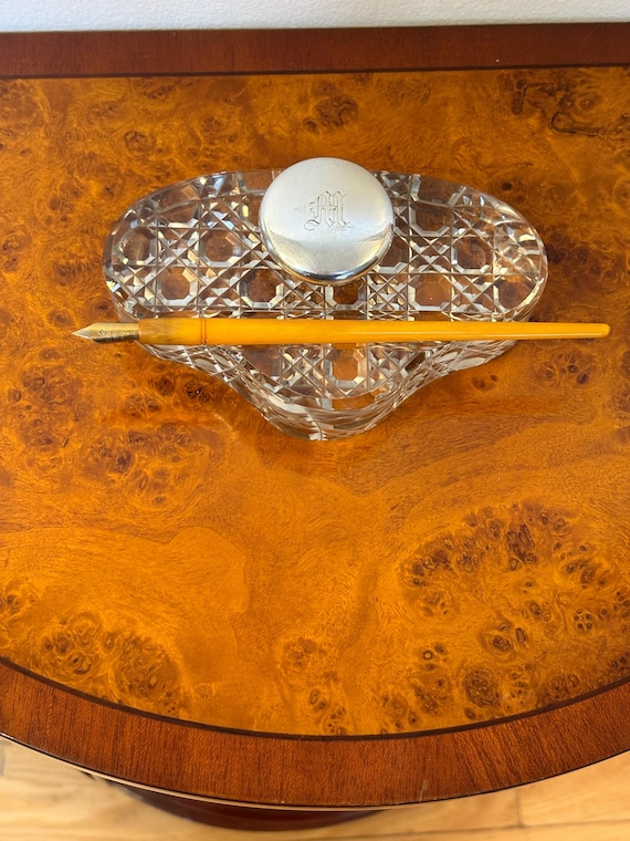 Antique Sterling Silver Crystal Inkwell with Bakelite Dip Pen, Monogrammed Lid