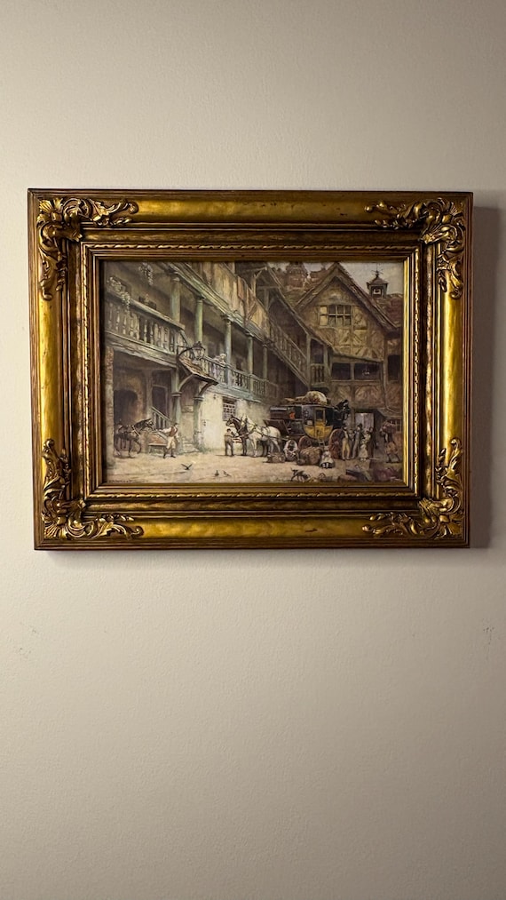 European Courtyard Scene Framed Art Print Ornate Gilt Frame Vintage Traditional Wall Decor