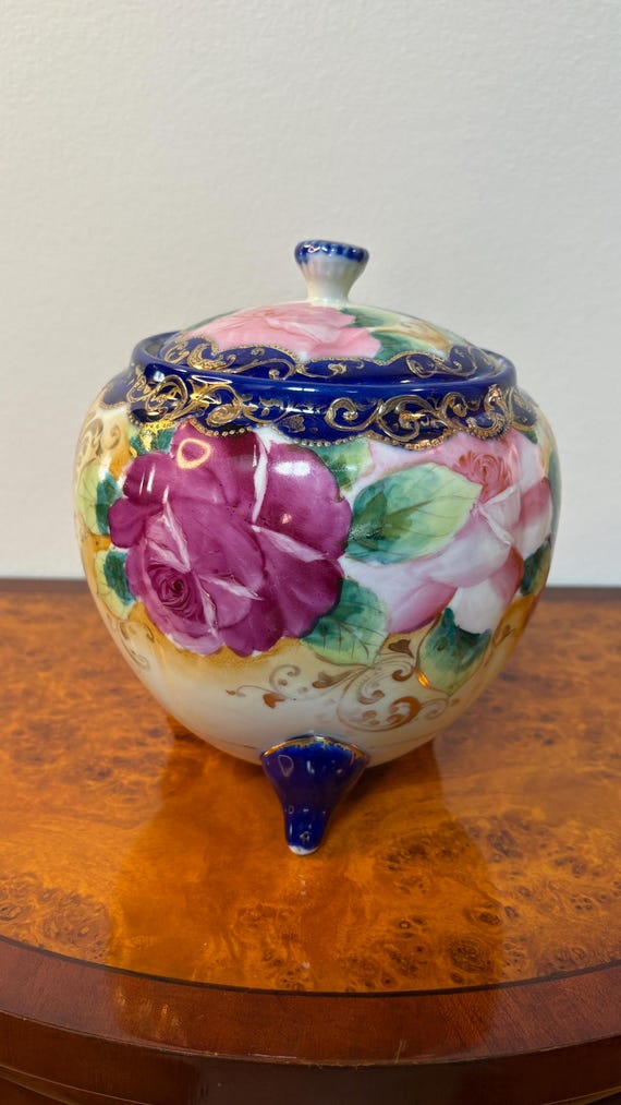 Antique Hand Painted Porcelain Covered Bowl Cobalt Blue Roses Gilt Three Footed Decor
