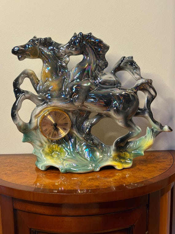 Italian Iridescent Horse Clock Vintage Ceramic Mantel Clock Made Italy Lustreware Decor