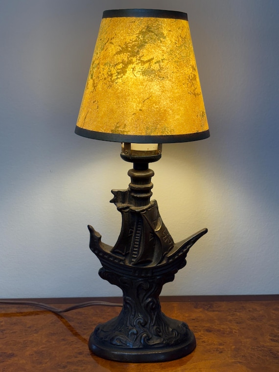 Vintage Nautical Ship Table Lamp Cast Metal Galleon Parchment Shade Old World Decorative