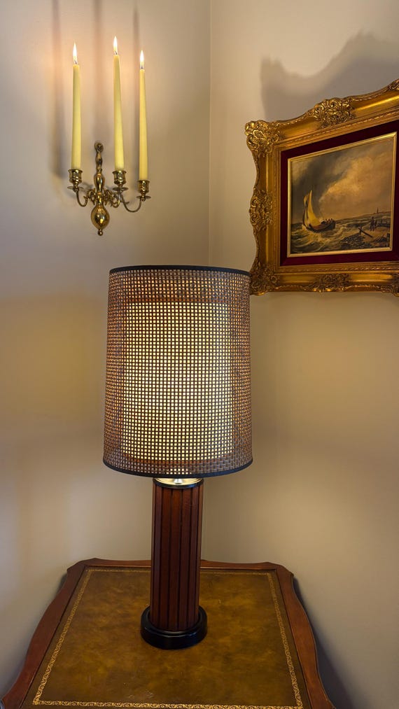 Rare Mid Century Modern Gruvwood Table Lamp With Original Woven Shade Scandinavian Inspired Design