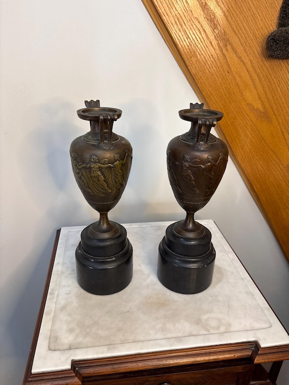 Neoclassical Bronze Urns Pair Marble Bases Continental Europe c1890