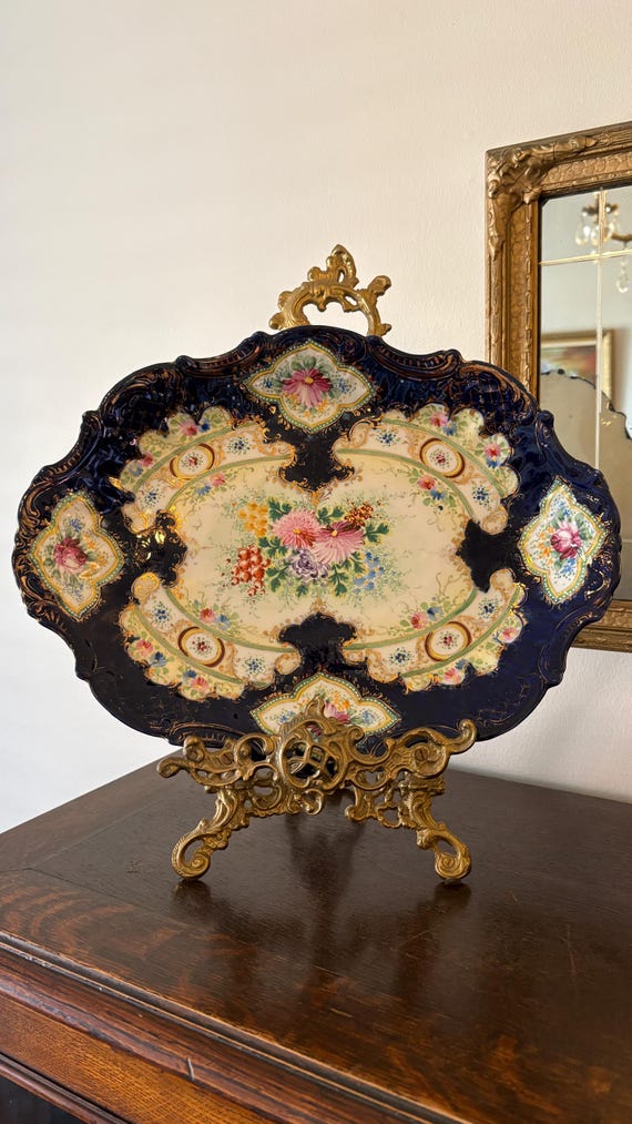 Large Antique Hand-Painted Floral Charger Gilt Porcelain Decorative Statement Piece