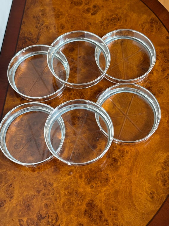 Birks Sterling Silver Glass Coasters – Star Cut Base Set of 6 – Luxury Barware