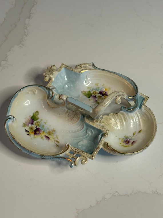 Victorian Hand-Painted Porcelain Triple Candy Dish Circa 1880-1910