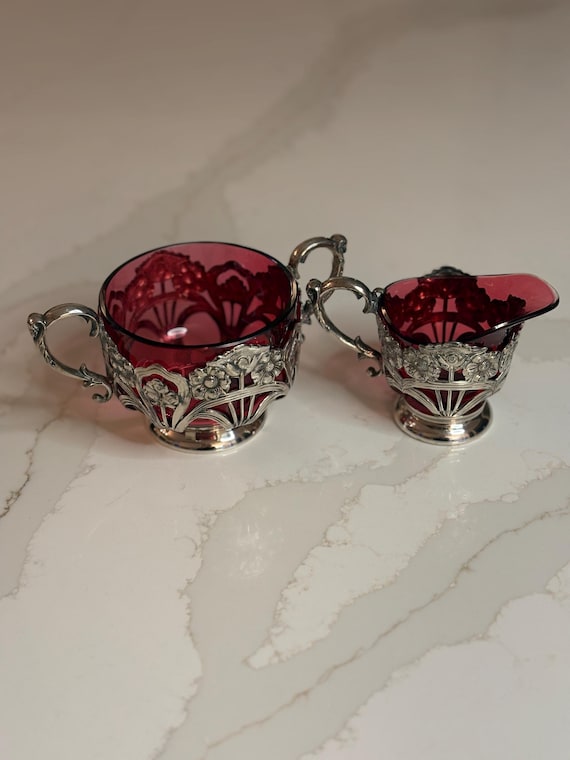 Vintage Cranberry Glass & Silverplate Cream and Sugar Set, Early Mid 20th Century