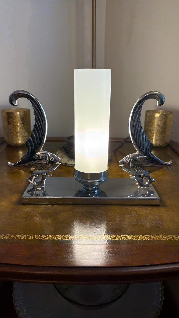 Vintage Art Deco Chrome Sailfish Lamp With Frosted Glass Shade Nautical Machine Age Lighting