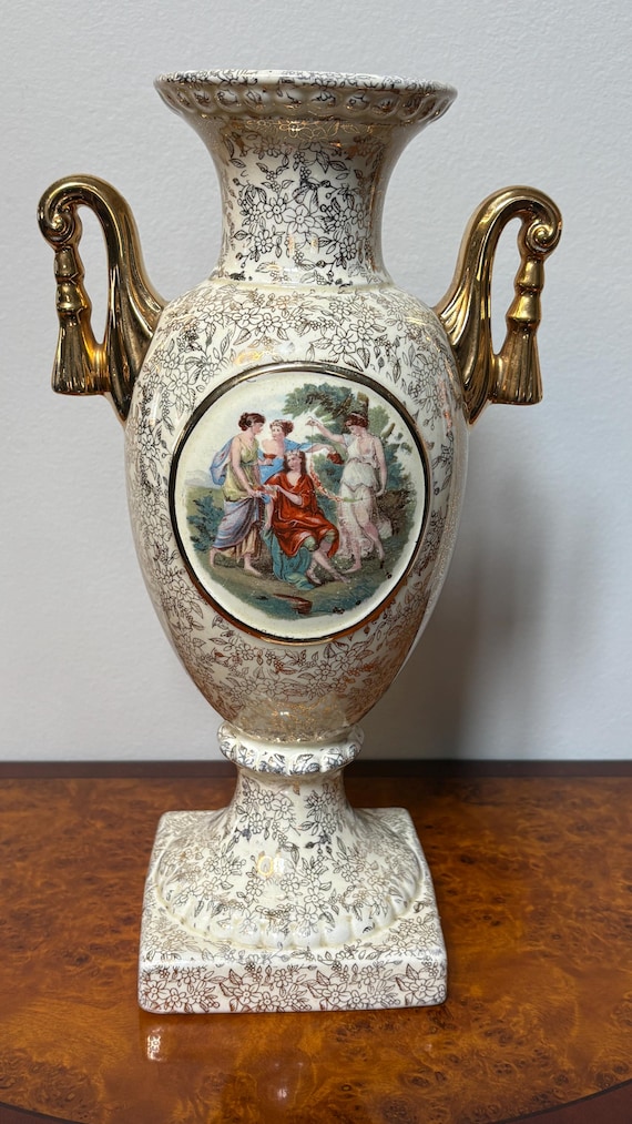 Vintage Empire England Porcelain Urn Vase Romantic Scene Gilt Handles Transferware Decorative