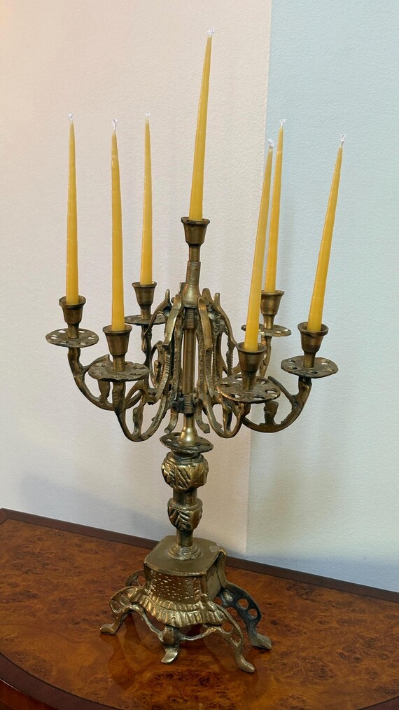 Antique Victorian Art Nouveau Brass Seven Light Candelabra Decorative Mantel Centerpiece Statement Piece