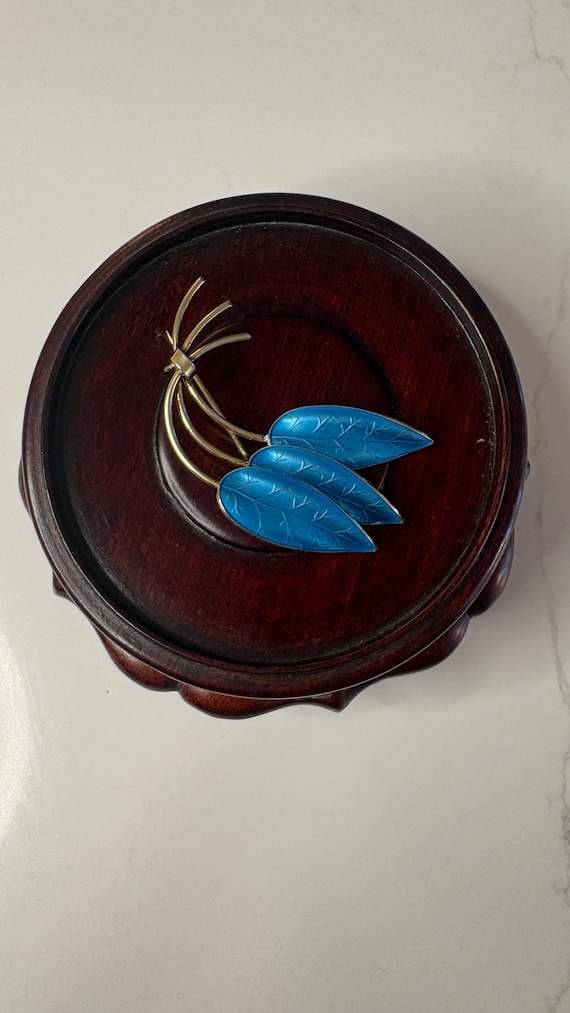 Norwegian Vermeil Gold Wash Sterling Silver Blue Enamel Leaf Brooch Mid Century Jewelry