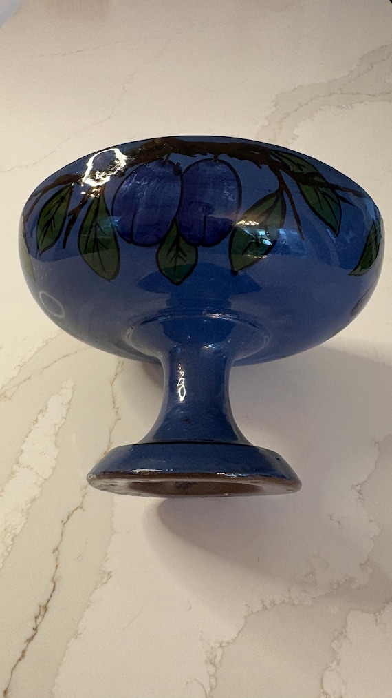 Longpark Torquay Pedestal Bowl Devon England Blue Fruit Decor Cottage Pottery circa 1930s–1950s