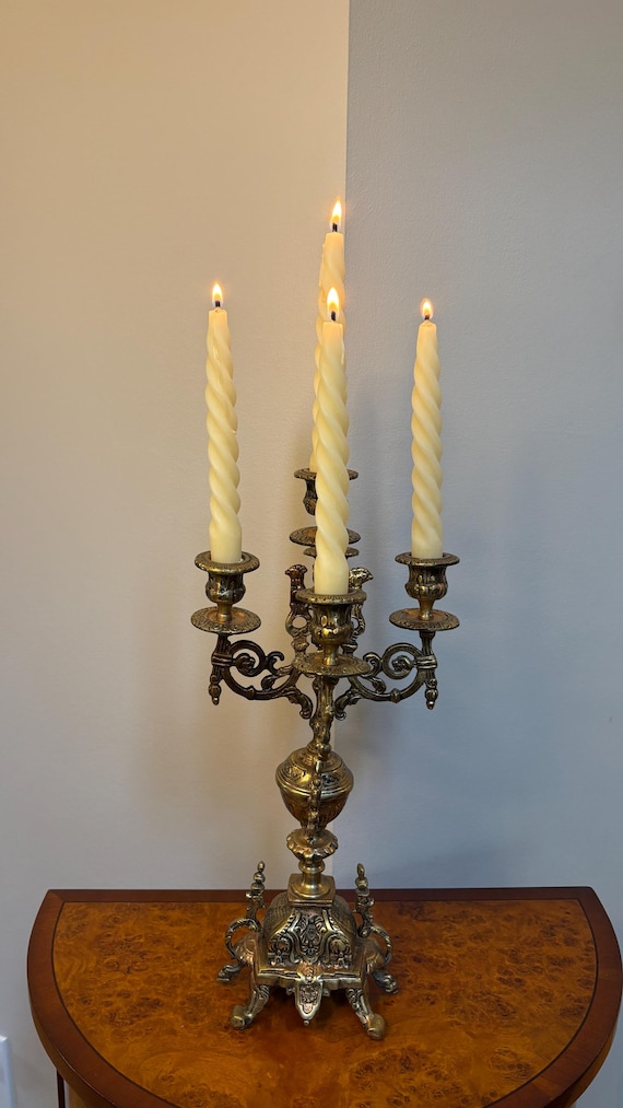 Antique Victorian Five Arm Candelabrum Continental European Brass Rococo Revival Table Centerpiece