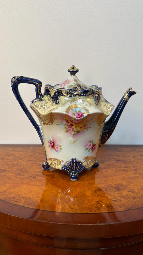 Antique Hand-Painted Porcelain Teapot Cobalt Blue Floral Gilt Nippon Style Victorian Revival Decor