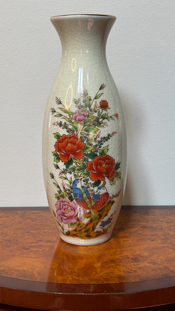 Vintage Japanese Crackle Glaze Vase Hand Painted Birds Floral Chinoiserie Decor 11 Inch