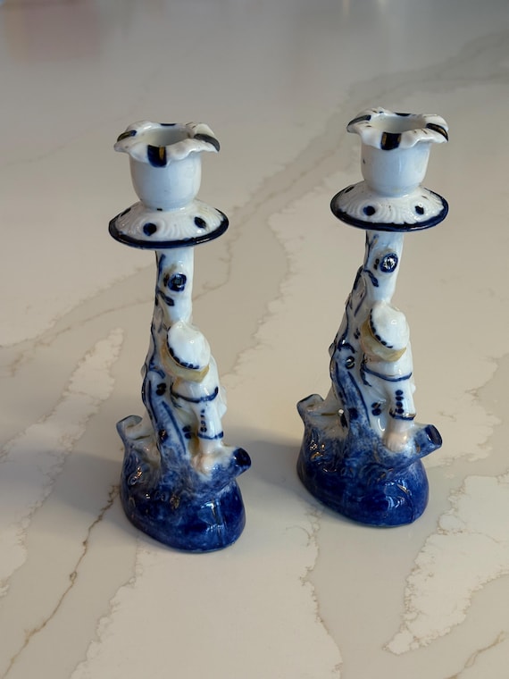 Antique Victorian Porcelain Candlesticks Pair | Sailor Boy Mantel Decor