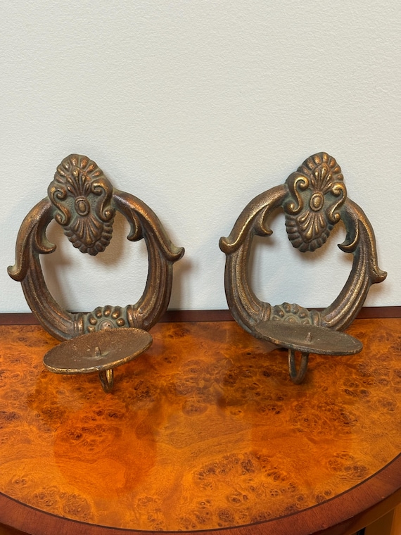 Vintage Cast Iron Victorian Revival Candle Sconces, Bronzed Wall Mount Pair, Decorative, Elegant