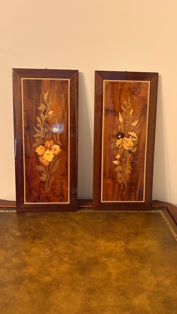 Vintage Italian Florentine Marquetry Wall Panels Pair Mid Century Floral Inlaid Wood Decor