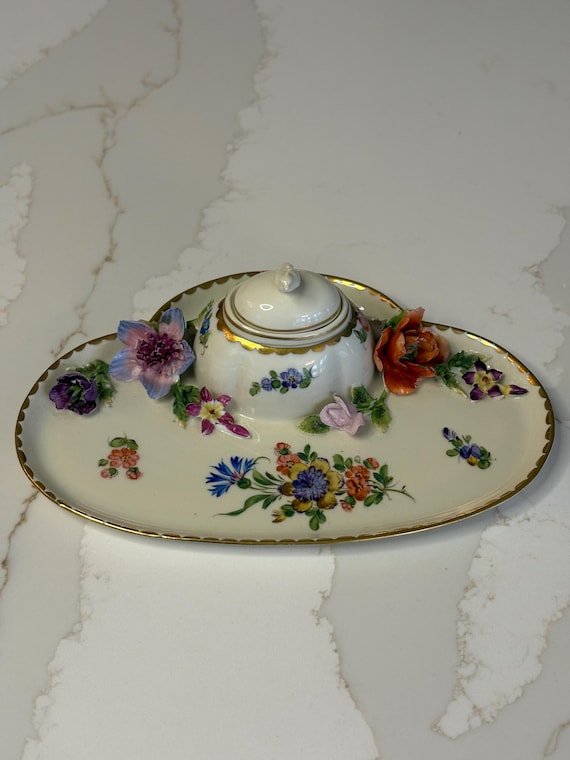 Antique Dresden Porcelain Floral Inkwell with Pen Tray, Germany(Saxony) c 1890-1910