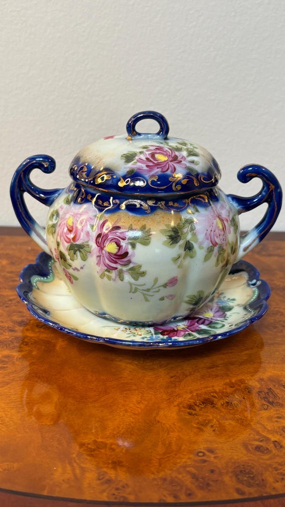 Antique Hand Painted Sugar Bowl Underplate Cobalt Floral Gilt Porcelain Decorative Accent