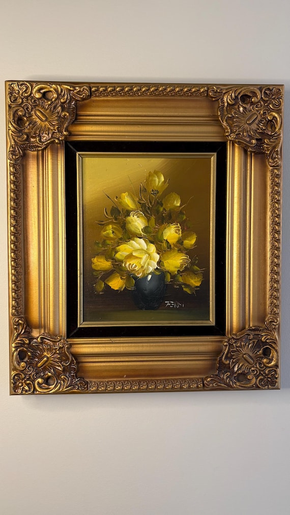 Vintage Floral Oil Painting Ornate Gilt Velvet Frame English Traditional Decor Signed Wall Art